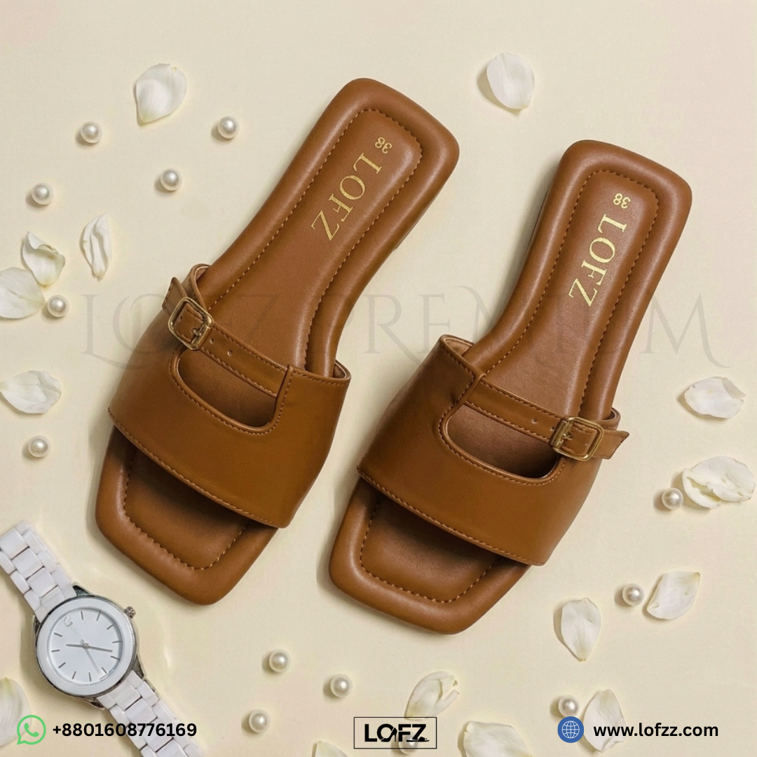 Luxe Square-Toe Buckle Slides - women's slides - Lofz Bangladesh